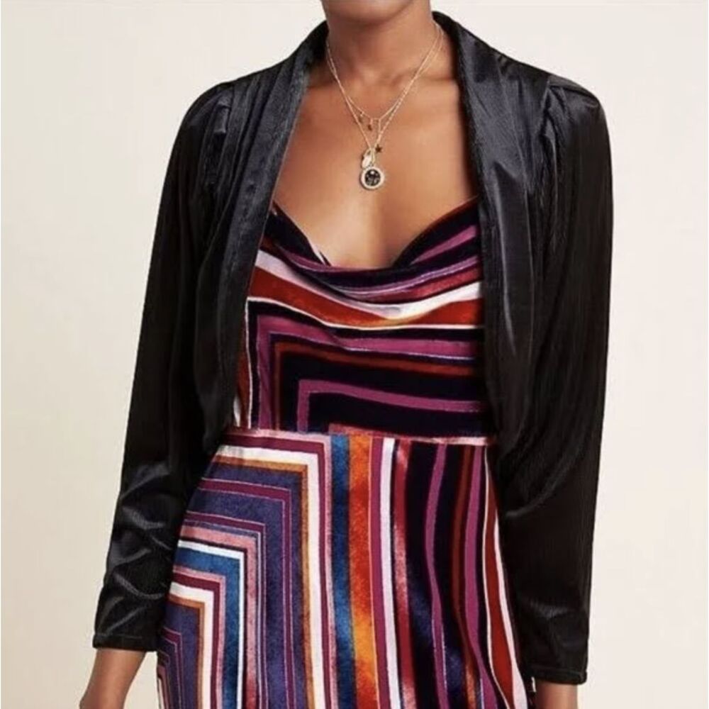 Anthropologie Amadi Verity Velvet Cropped Jacket XL Black Open Front Cardigan